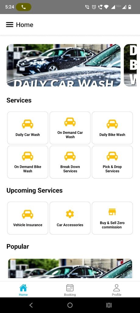 Elite Seva mobile app home screen with vehicle wash services