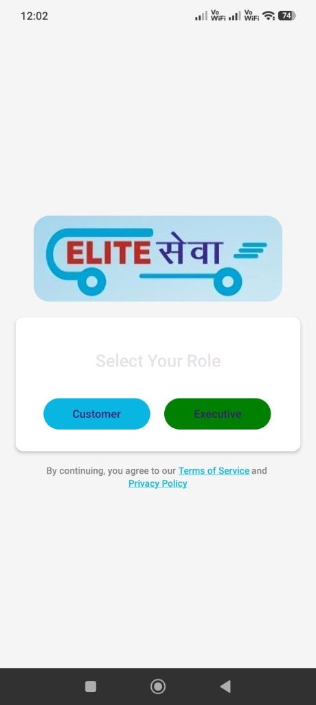 Elite Seva mobile app role selection for customer and executive